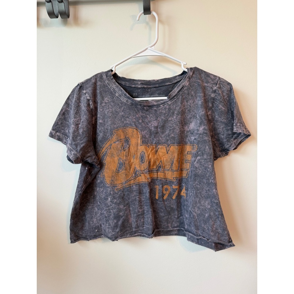 Prince Peter x David Bowie 1974 Acid Wash Cropped Graphic Tee Shirt Gray Medium